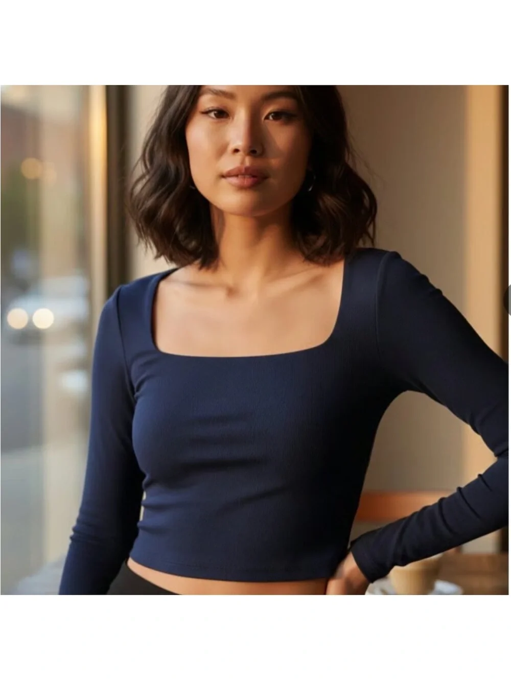 Aritzia Babaton Contour Squareneck Long Sleeve Top Navy L